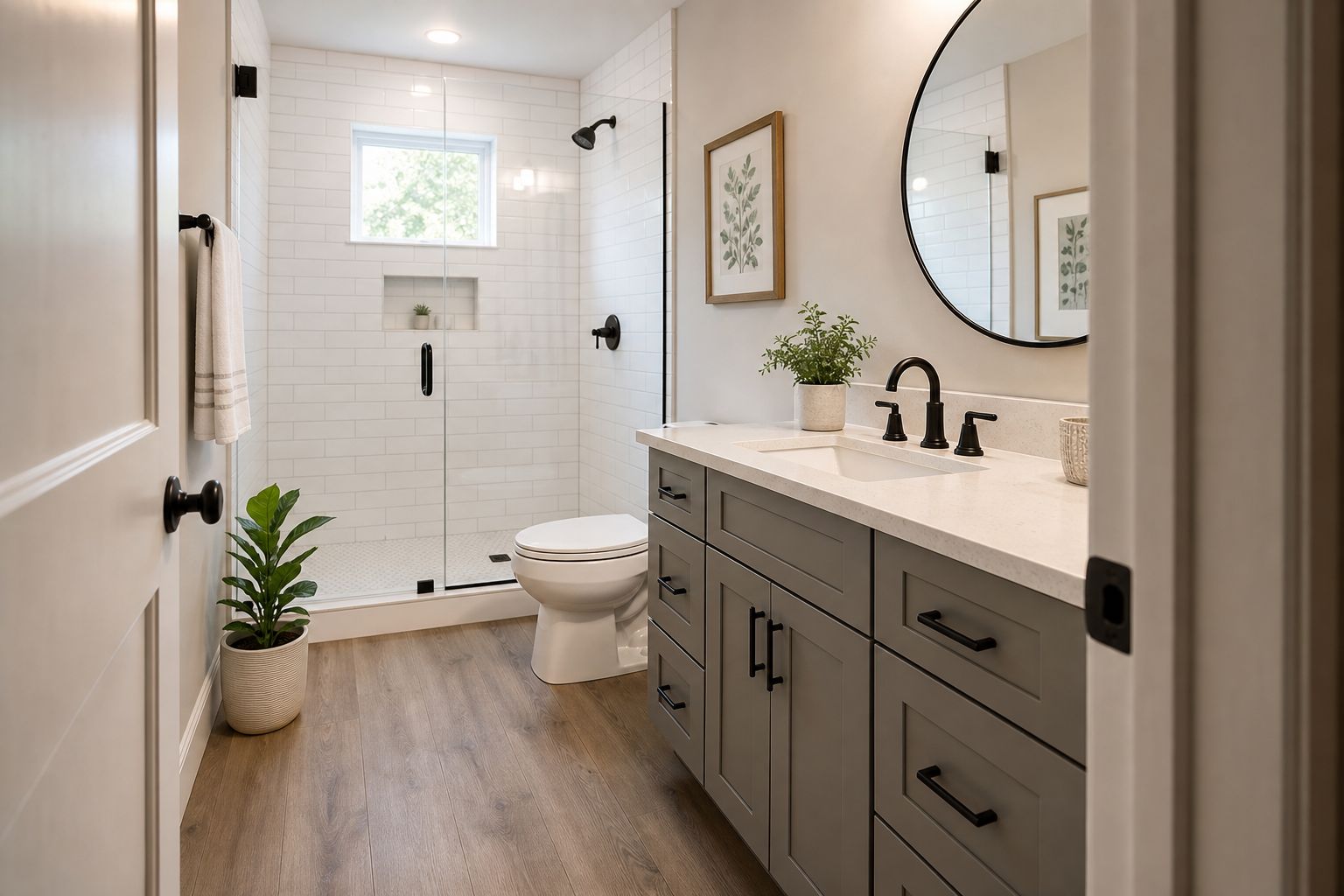 Remodeled bathroom with a tiled shower and grey vanity