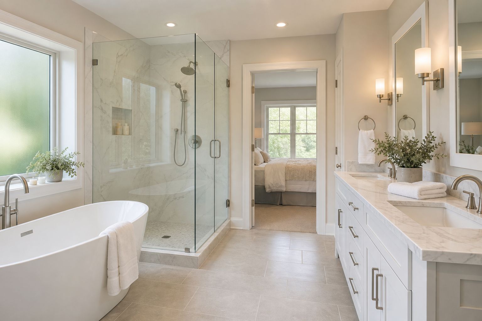 Bright, newly remodeled bathroom with a glass walk-in shower